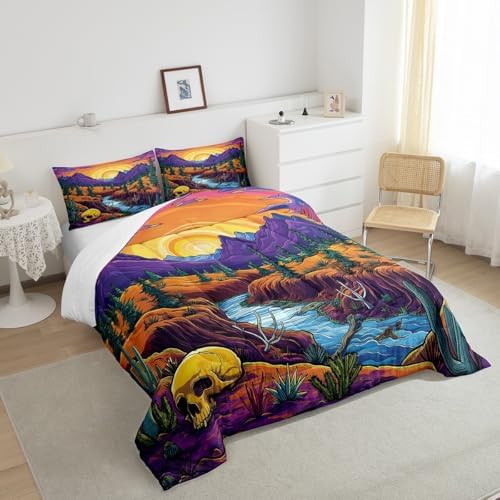 Purple Mountain Comforter Set Twin Size,Skull Bone Pine Tree Cactus Bedding Set for Kids Boys Girls Room Decor,Sun Mountain River Quilt Set 2Pcs,Vintage Abstract Art Duvet Insert,1 Pillowcase