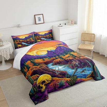 Purple Mountain Comforter Set Twin Size,Skull Bone Pine Tree Cactus Bedding Set for Kids Boys Girls Room Decor,Sun Mountain River Quilt Set 2Pcs,Vintage Abstract Art Duvet Insert,1 Pillowcase