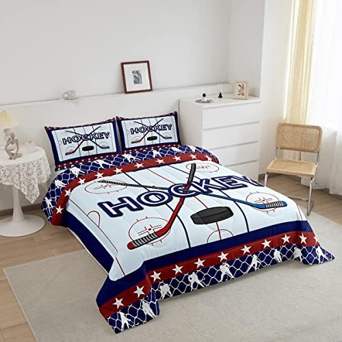 Homewish Ice Hockey Comforter Set Queen Size,Ice Hockey Player Bedding Set for Kids Boys Girls Bedroom Decoration,Sports Gaming Bed Duvet Insert,Hockey Pucks Comforter with 2 Pillowcase