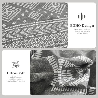Yiran Boho Aztec Comforter Set Queen Size, Grey Comforter Bedding Set, 7 Piece Bed in a Bag, Soft Microfiber Bohemian Striped Complete Bedding Set with Sheets for All Season