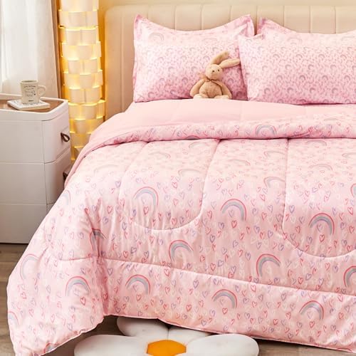 Viviland Kids Twin Bedding Sets, Girls Comforter, Pink Rainbow