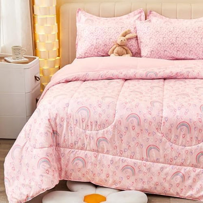 Viviland Kids Twin Bedding Sets, Girls Comforter, Pink Rainbow