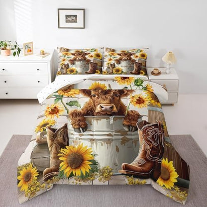 jejeloiu Funny Highland Cow Comforter Set Queen Size Kids Highland Cattle Sunflower Bedding Set Boys Girls Farmhouse Rustic Duvet Breathable Western Quilt Bedroom Decor,1 Comforter with 2 Pillowcase
