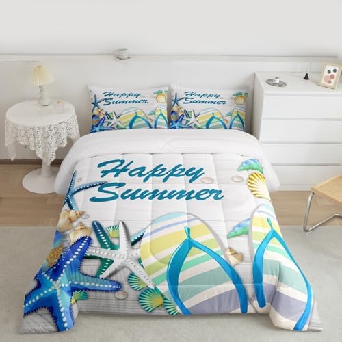 Beach Comforter Set Queen Ocean Starfish Shell and Stripes Flip Flops Bedding Set Romantic Hawaii Holiday Quilted Duvet for Kids Teens Adult,White Rustic Farmhouse Wooden Board Duvet Insert 3pcs