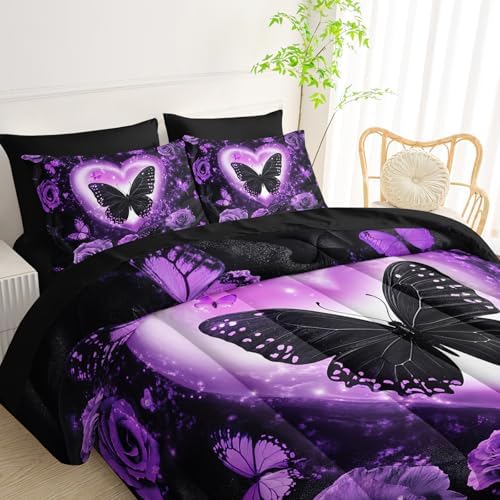 QOOMO Purple Butterfly 7 Pieces Comforter Set King Size,Rose Bedding Set