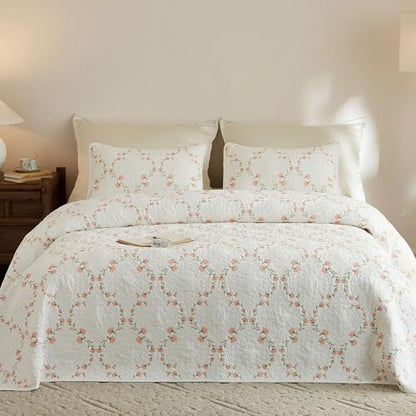 MarCielo 3pcs Cotton Quilt Set Beige Coral Floral