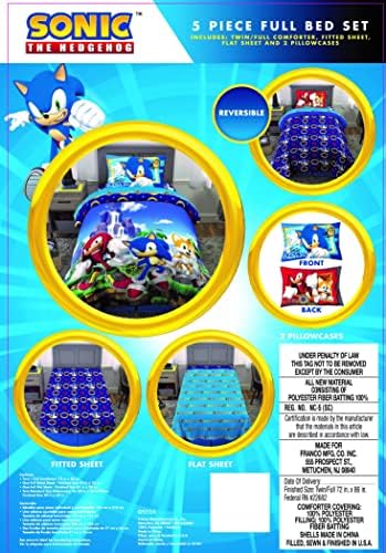 Franco Kids Bedding Super Soft Comforter and Sheet Set, 5 Piece Full Size, Sonic The Hedgehog, Anime