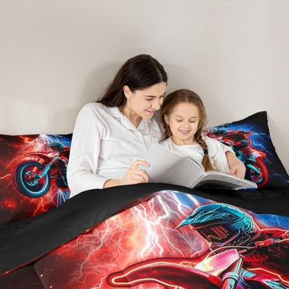 Feelyou Red Racing Motocross Rider Kids Bedding Set,Boys Girls King Size,Dirt Bike Comforter Set,Red and Blue LightningUltra Soft Duvet Quilt,Extreme Sports Comforter Motorbike Bedroom Decor