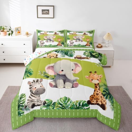 Feelyou Cartoon Animals Comforter Set Full Size Cute Elephant Zebra Leopard Giraffe Bedding Set for Kids Boys Girls Palm Leaves Duvet Quilt Bedroom Decor Microfiber 3 Pcs with 2 Pillow Cases