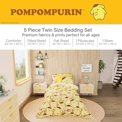 Sanrio Pompompurin Bedding Set, Twin Size 5 Piece Set Kids Super Soft Cozy Reversible Comforter and Sheet Set with Sham, (100% Officially Licensed Product) by Franco