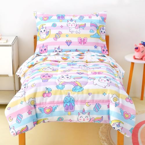 Mooreeke Toddler Bedding Sets for Girls,4 Pieces Cat Rainbow Printed
