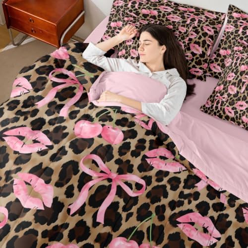 Erosebridal Leopard Skin Queen Comforter Set with Sheets Pink Ribbon Bow 7 Piece Bedding Set Pink Lips Print Bed in a Bag, Girls Bows Decor Coquette Room Decor