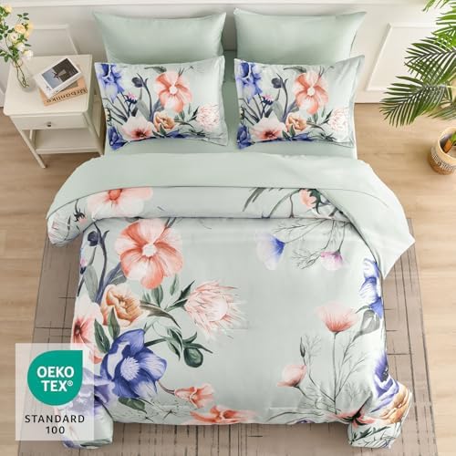 Luxudecor Floral Comforter Set Queen Size 7 Piece, Green Flower Bed in a Bag, Elegant Floral Comforter with Sheet Set, Soft Microfiber Bedding Set for All Season (Green, 90"x90")