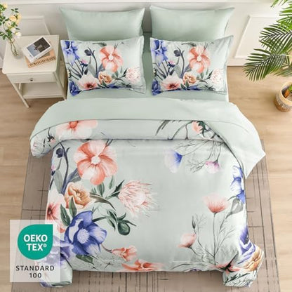 Luxudecor Floral Comforter Set Queen Size 7 Piece, Green Flower Bed in a Bag, Elegant Floral Comforter with Sheet Set, Soft Microfiber Bedding Set for All Season (Green, 90"x90")