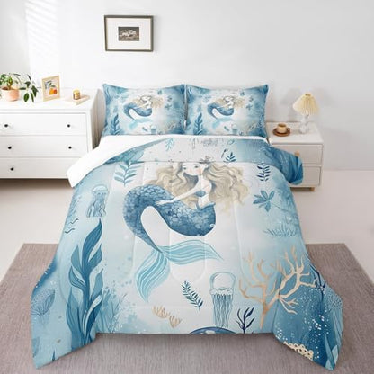 Homewish Cute Mermaid Comforter Set Full Size,Coral Shell Jellyfish Bedding Set 3Pcs for Kids Girls Boys Teens Room Decor,Sea Animals Quilt Set Blue White Watercolor Duvet Insert,2 Pillowcases