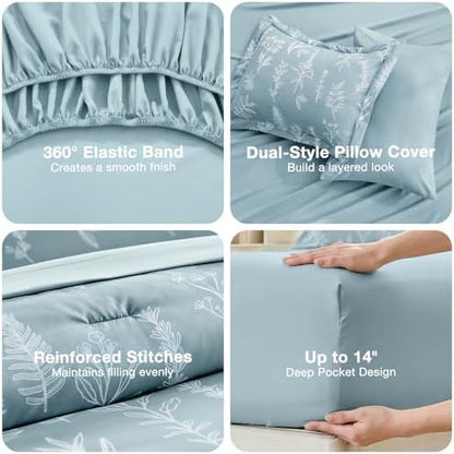 MUXHOMO Mineral Blue Full Comforter Set, Elegant Floral Print Bed in a Bag 7 Pieces, Ultra Soft & Breathable Reversible Botanical Pattern Bedding Set with Comforter, Sheets, Pillowcases, and Shams