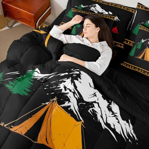 Erosebridal Happy Camping King Size Bed in A Bag Camper Rv Comforter Set with Sheets for Kids Boys Teens Bedroom Mountain Pine Tree 7 Piece Bedding Set Rustic Cabin Lodge Bed Sets, Black Orange