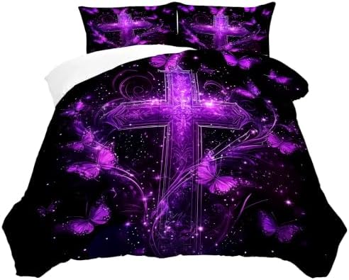 Purple Cross Butterfly Comforter Set Twin, Gothic Bedding for Girls