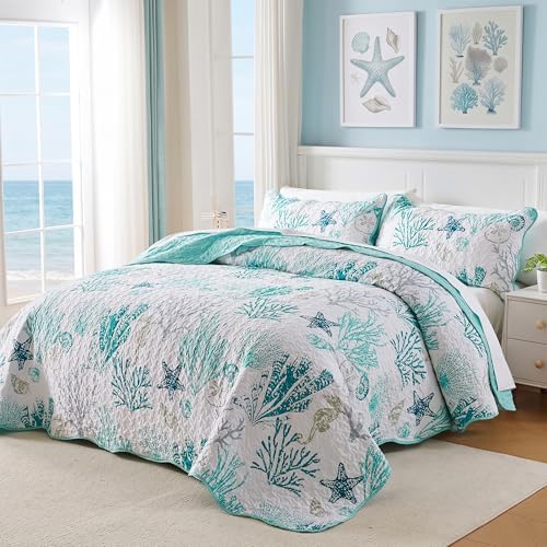 Qucover Coastal Quilt King Size 98"x106", Ocean Beach Themed Bedding with Seashell Coral Pattern, Soft Lightweight Reversible Microfiber Bedspread, Nautical Coverlet for Summer, Teal Green