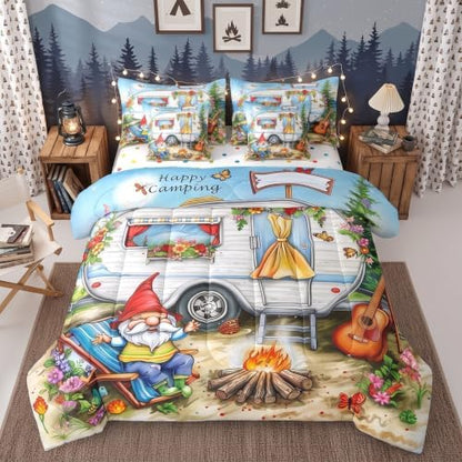 Erosebridal Kids Camping Gnome King Comforter Set 7Pc,RV Bunk Camper Bedding Sets with Sheets for Travel Trailer Decor,Rustic Country Floral Wildflower Bed Set with Fitted+Flat Sheet,Pillowcases