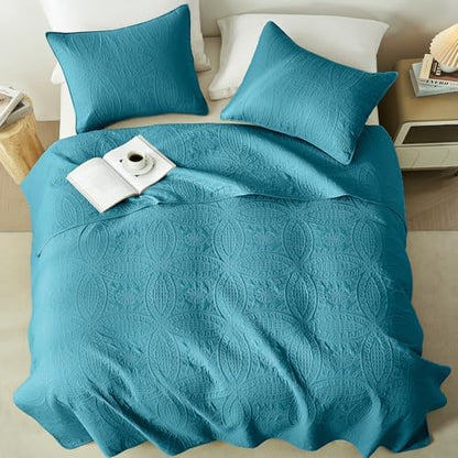 akkialla 118"x106" Teal California King Quilt Set, Oversized Floor-Length Bedspread, Modern Coin Pattern Microfiber Coverlet, 3-Piece All Season Bedding with 2 Pillow Shams