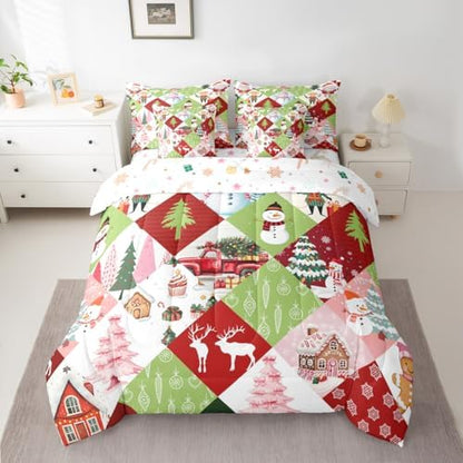 Erosebridal Xmas Patchwork 7 Piece Bedding Set King Kawaii Cartoon Comforter Set with Sheets Cute Christmas Deer Snowman Truck Bed in a Bag Pink Green Tree Snowflakes Bed Sets Comforter