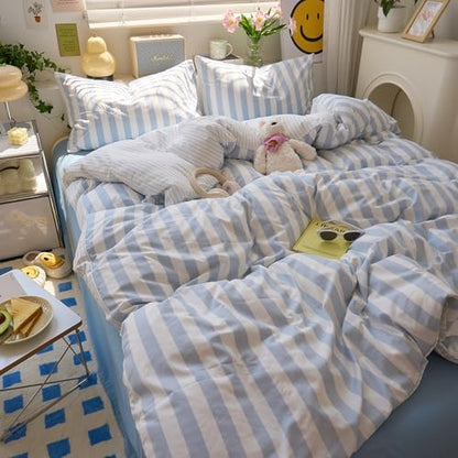 LifeTB Blue Striped Comforter Set King, Vintage Blue White Stripes Pattern Printed Comforter with 2 Pillowcases, Breathable Soft Lightweight Bedding Comforter Boho Farmhouse Striped Comforter Set