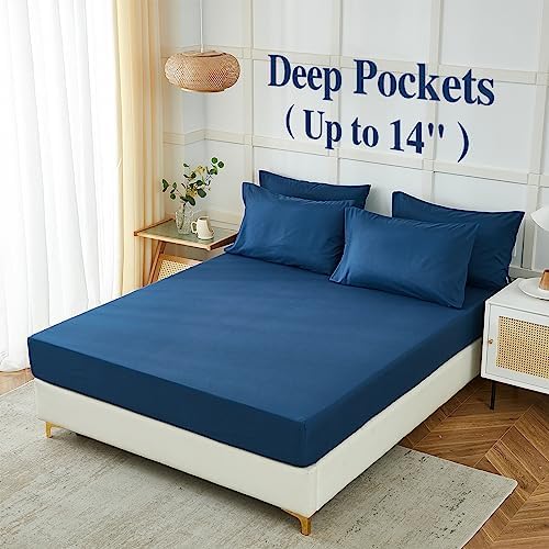 ILAVANDE Navy Blue King Sheets Set 6 Piece,Hotel Luxury Super Soft 1800 Series Microfiber Bed Sheets King Set-Wrinkle Free & Breathable-14 Deep Pocket Sheets for King Size Bed(King,Navy Blue)