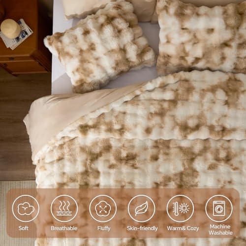BEDELITE Tie Dye Faux Fur Comforter Set King,Thick Winter Comforter,Beige