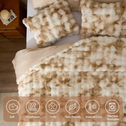 BEDELITE Tie Dye Faux Fur Comforter Set King,Thick Winter Comforter,Beige