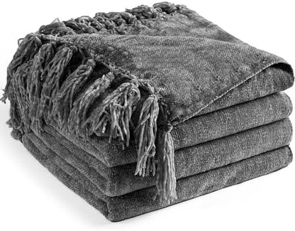 Chenille Throw Blanket for Couch 50" x 60", Dark Grey