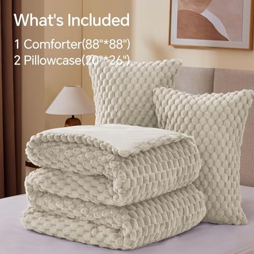 BEDELITE Fluffy Queen Comforter Set, Linen Fleece Bed Set 3 Pieces