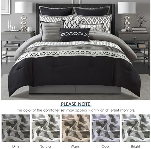 LANCO MODERN LIFESTYLE Queen Comforter Set, Black, 10 Piece Bed in a Bag for All Seasons, Luxury Extreme Comfort Bedding Sets with Bedskirt, Pillow Shams, Euro Shams and Decor Pillows