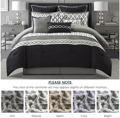 LANCO MODERN LIFESTYLE Queen Comforter Set, Black, 10 Piece Bed in a Bag for All Seasons, Luxury Extreme Comfort Bedding Sets with Bedskirt, Pillow Shams, Euro Shams and Decor Pillows