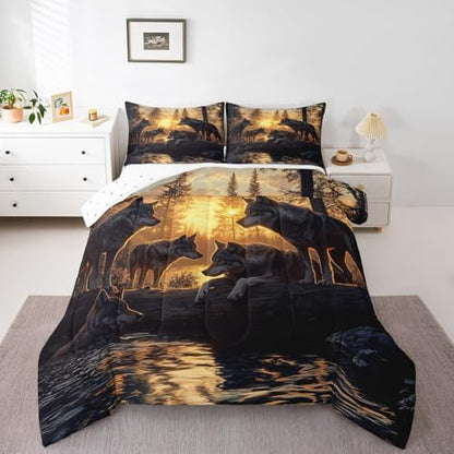 Feelyou Wolf Comforter Sets Full Size for Boys Kids Teens,Wild Animal Bedding Sets Hunting Comforter Sets Woodland Moose Wildlife Forest Bed Set, with 1 Comforter 2 Pillowcase