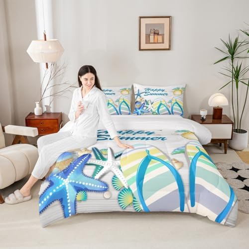 Beach Comforter Set Full Ocean Starfish Shell and Stripes Flip Flops Bedding Set Romantic Hawaii Holiday Quilted Duvet for Kids Teens Adult,White Rustic Farmhouse Wooden Board Duvet Insert 3pcs