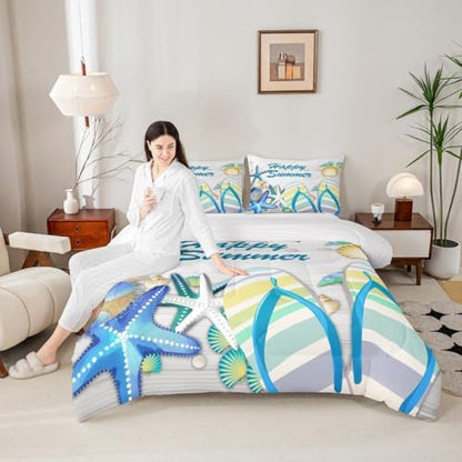 Beach Comforter Set Full Ocean Starfish Shell and Stripes Flip Flops Bedding Set Romantic Hawaii Holiday Quilted Duvet for Kids Teens Adult,White Rustic Farmhouse Wooden Board Duvet Insert 3pcs