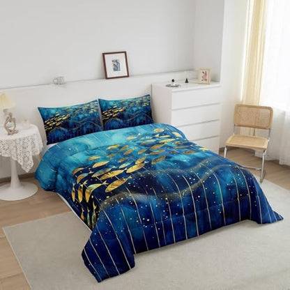 Homewish Gold Fish Silhouette Bedding Set Full Size,Blue Watercolor Comforter Set 3Pcs for Kids Girls Boys Teens Room Decor,Vintage Abstract Art Quilt Set Luxury Stripes Duvet Insert,2 Pillowcases