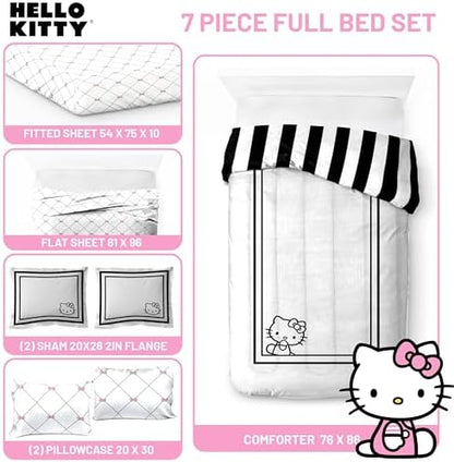 Sanrio Hello Kitty Full Comforter Set 7 Piece Bedding for Girls, White