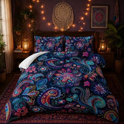 Nttopship Boho Floral Comforter Set King Size 3 PCS Paisley Flower Comforter Bed in a Bag Set Dark Blue Vintage Floral Boho Medallion Comforter Set for Kids Girls Teens Soft Microfiber Bedding Sets