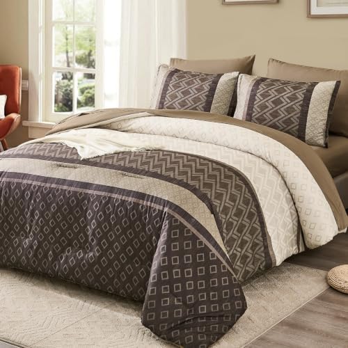 King 7-Piece Grey Brown Striped Comforter Set,Farmhouse Boho Bedding