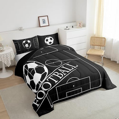 Erosebridal Kids Football Bedding King Size for Boys Girls Sport Comforter Set, Black Reversible Duvet Insert Black and White Quilt Set, Ball Gaming Bedding Comforters & Sets, Breathable