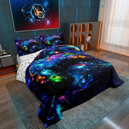 Feelyou Kids Gamer Comforter Set Queen Size, Galaxy Gaming Bedding Set Glitter Game Comforter Boys Girls Gamepad Teens Duvet Set Bedroom Decor Bed Set 3Pcs
