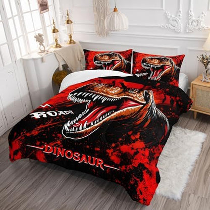 AILONEN Boys Dinosaur Comforter Set Queen Size,Kids Cartoon Dinosaur Bedding Set,Red and Black Printed Comforter with 2 Pillowcases,3 Pieces