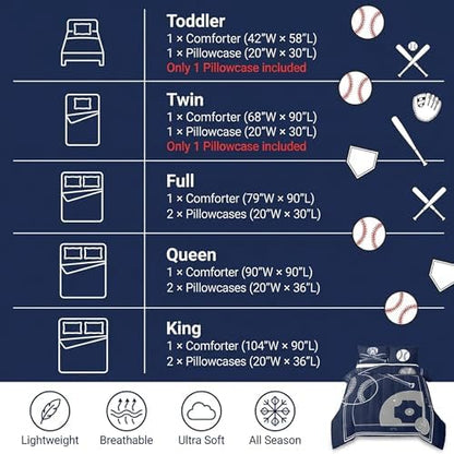Erosebridal Kids Baseball Queen Size Comforter Set for Boys Girls Sport Bedding Set, Baseball Printed Reversible Down Comforter Navy Blue Grey Bed Set, Ball Gaming Quilted Duvet