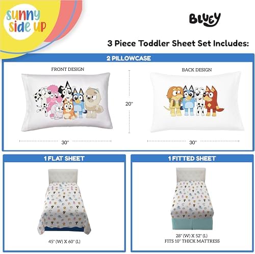 Sunny Side Up Bluey & Friends Toddler Sheet Set - 3 Piece Toddler Bedding Set Includes Pillow Cover - Super Soft Microfiber Sheets