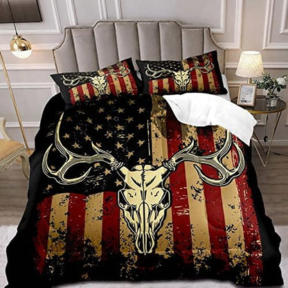 LUVIVIHOME 2PCS Deer Skull Comforter Set Twin Size, Patriotic American Flag Comforter, 4th of July Independence Day Hunter Elk Moose Wildlife Cabin Country Rustic Hunting Bedding Quilt, 1 Pillow Sham