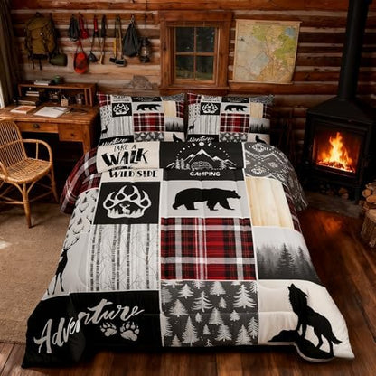 Deer Antlers Comforter Set Twin Size,Bear Paws Pine Trees Xmas Bedding Set for Kids Boys Girls Adults Room Decor,Lattices Patchwork Rustic Farmhouse Down Comforter,Red Duvet Insert,1 Pillowcase