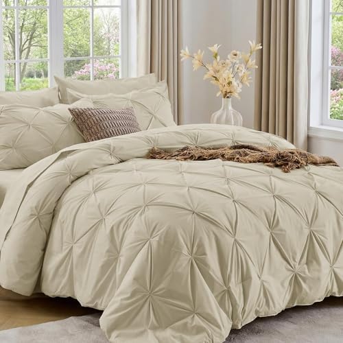 Sasttie Twin XL Comforter Set, 5-Piece Bed in a Bag, Pintuck Bedding Sets for All Season, Includes Comforter, Flat Sheet, Fitted Sheet, Pillowcase and Pillowsham, Linen