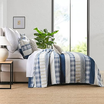 Homzard Queen Comforter Set - Blue White Tan Striped Queen Size Comforter Set,100% Cotton Plaid Quilts Queen Size Bedding Set, Farmhouse Bedspread Lightweight Bedding 3 Pieces All Season